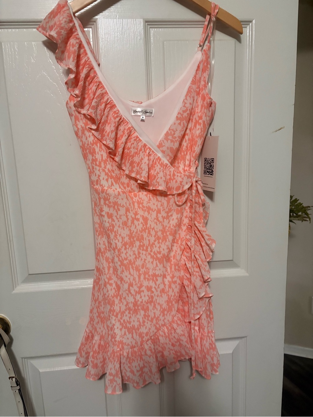 Emerald Sundae Coral Pink Floral Ruffle Wrap Dress